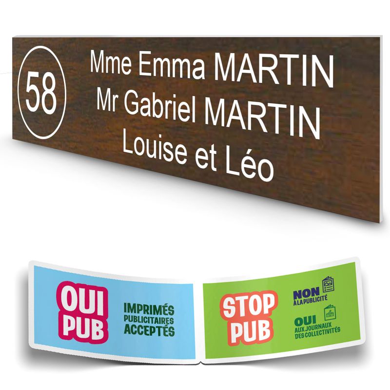 Plaque boite aux lettres NUMERO adhésive (100x25mm) effet bois foncé lettres blanches - 3 lignes Plaque boite aux lettres NUMERO adhésive (100x25mm) effet bois foncé lettres blanches - 3 lignes