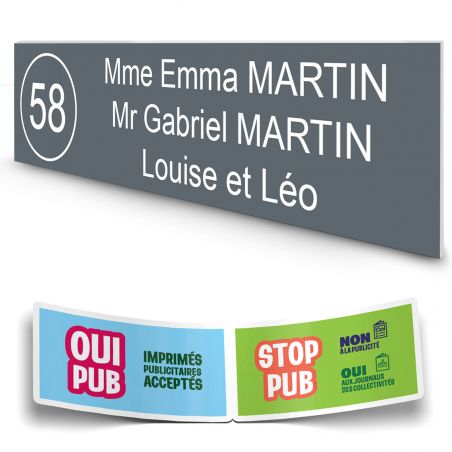 Plaque boite aux lettres NUMERO adhésive (100x25mm) grise lettres blanches - 3 lignes
