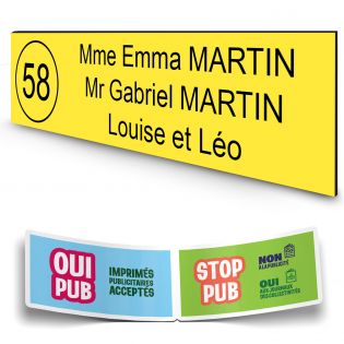Plaque boite aux lettres NUMERO adhésive (100x25mm) jaune lettres noires - 3 lignes
