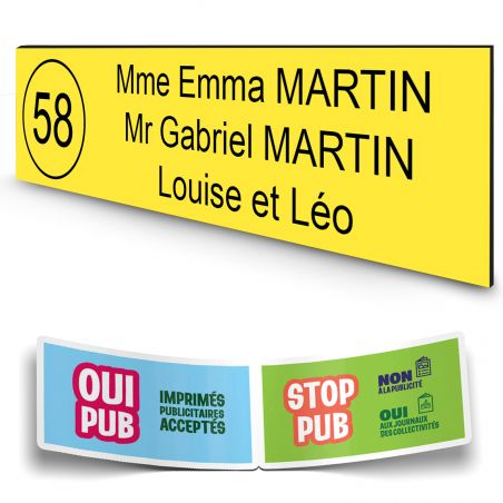 Plaque boite aux lettres NUMERO adhésive (100x25mm) jaune lettres noires - 3 lignes