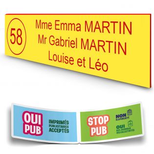 Plaque boite aux lettres NUMERO adhésive (100x25mm) Jaune lettres rouges - 3 lignes