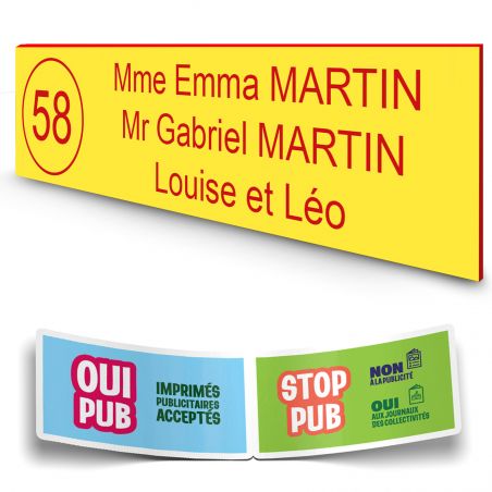Plaque boite aux lettres NUMERO adhésive (100x25mm) Jaune lettres rouges - 3 lignes