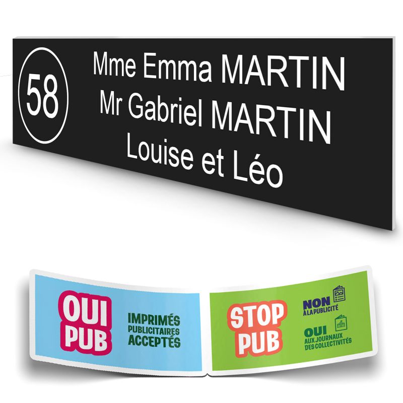 Plaque boite aux lettres NUMERO adhésive (100x25mm) noire lettres blanches - 3 lignes + Stickers STOP PUB offerts Plaque boite aux lettres NUMERO adhésive (100x25mm) noire lettres blanches - 3 lignes + Stickers STOP PUB offerts