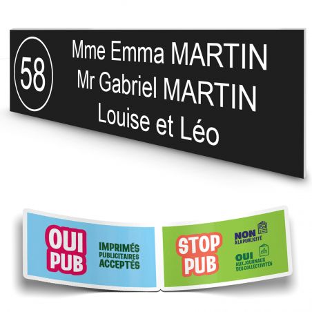 Plaque boite aux lettres NUMERO adhésive (100x25mm) noire lettres blanches - 3 lignes + Stickers STOP PUB offerts
