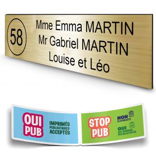 Plaque boite aux lettres NUMERO adhésive (100x25mm) or brossé lettres noires - 3 lignes + Stickers STOP PUB offerts