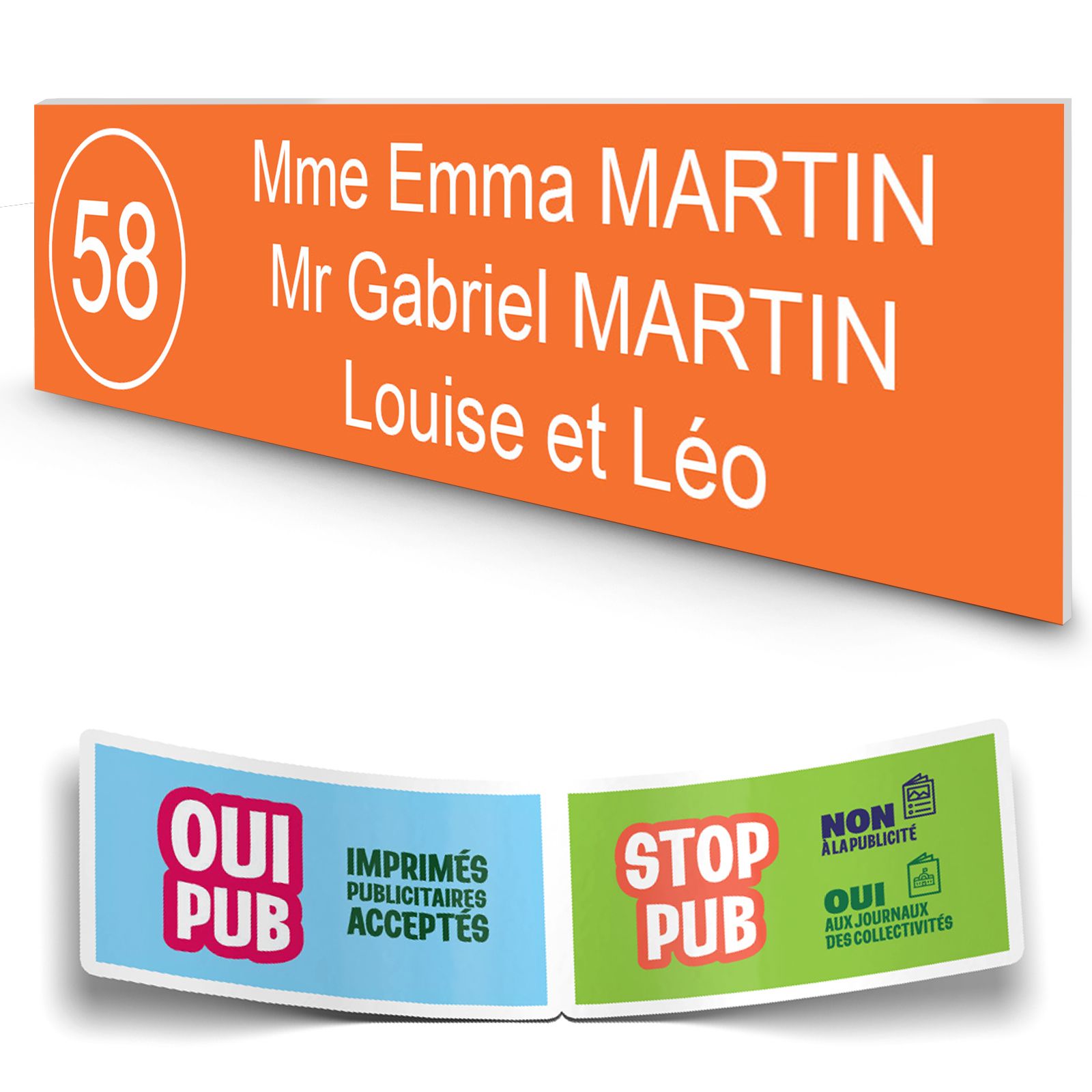 Plaque boite aux lettres NUMERO adhésive (100x25mm) orange lettres blanches - 3 lignes + Stickers STOP PUB offerts