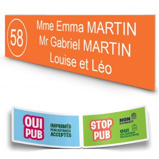Plaque boite aux lettres NUMERO adhésive (100x25mm) orange lettres blanches - 3 lignes + Stickers STOP PUB offerts