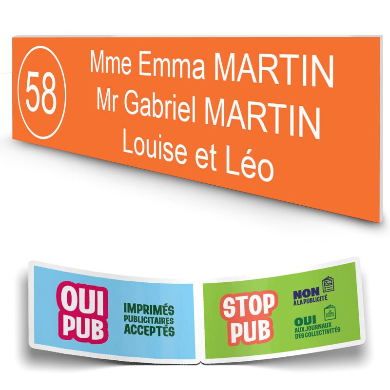 Plaque boite aux lettres NUMERO adhésive (100x25mm) orange lettres blanches - 3 lignes + Stickers STOP PUB offerts Plaque boite aux lettres NUMERO adhésive (100x25mm) orange lettres blanches - 3 lignes + Stickers STOP PUB offerts