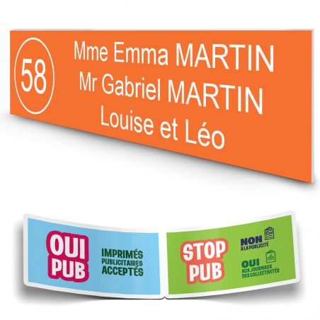 Plaque boite aux lettres NUMERO adhésive (100x25mm) orange lettres blanches - 3 lignes + Stickers STOP PUB offerts