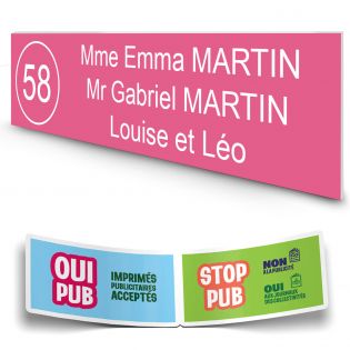 Plaque boite aux lettres NUMERO adhésive (100x25mm) rose lettres blanches - 3 lignes + Stickers STOP PUB offerts