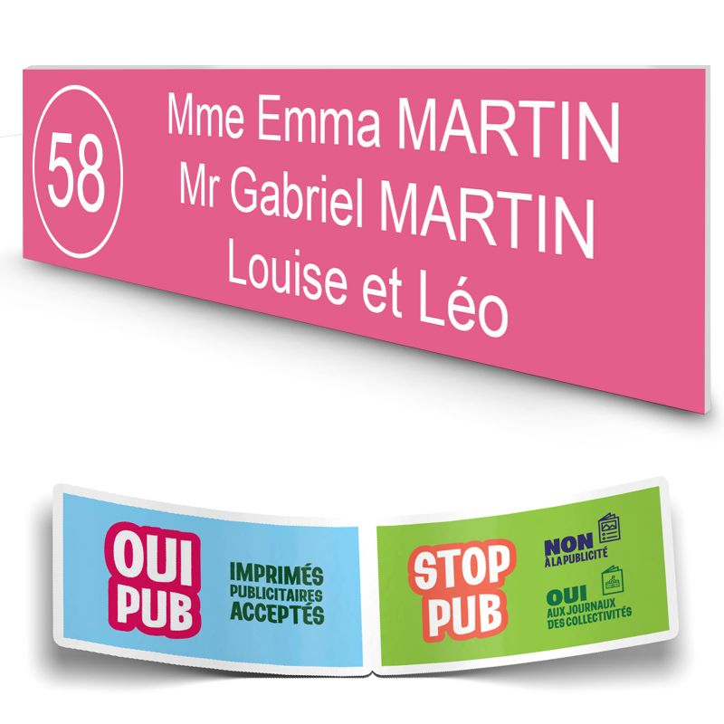 Plaque boite aux lettres NUMERO adhésive (100x25mm) rose lettres blanches - 3 lignes + Stickers STOP PUB offerts Plaque boite aux lettres NUMERO adhésive (100x25mm) rose lettres blanches - 3 lignes + Stickers STOP PUB offerts