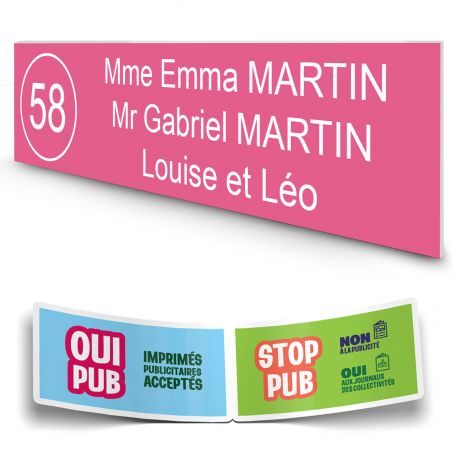 Plaque boite aux lettres NUMERO adhésive (100x25mm) rose lettres blanches - 3 lignes + Stickers STOP PUB offerts