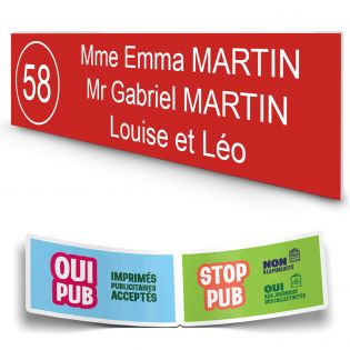 Plaque boite aux lettres NUMERO adhésive (100x25mm) rouge lettres blanches - 3 lignes
