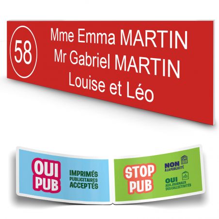 Plaque boite aux lettres NUMERO adhésive (100x25mm) rouge lettres blanches - 3 lignes