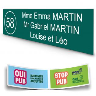 Plaque boite aux lettres NUMERO adhésive (100x25mm) vert foncé lettres blanches - 3 lignes