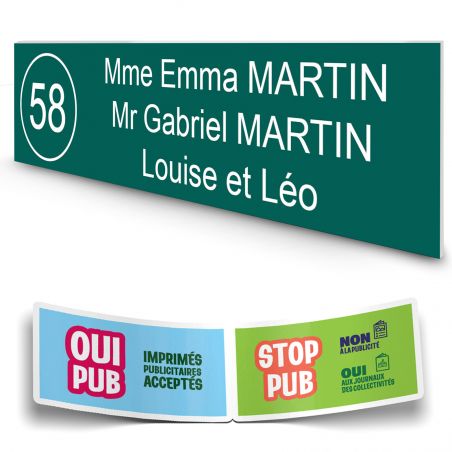 Plaque boite aux lettres NUMERO adhésive (100x25mm) vert foncé lettres blanches - 3 lignes