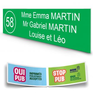 Plaque boite aux lettres NUMERO adhésive (100x25mm) vert pomme lettres blanches - 3 lignes + Stickers STOP PUB offerts