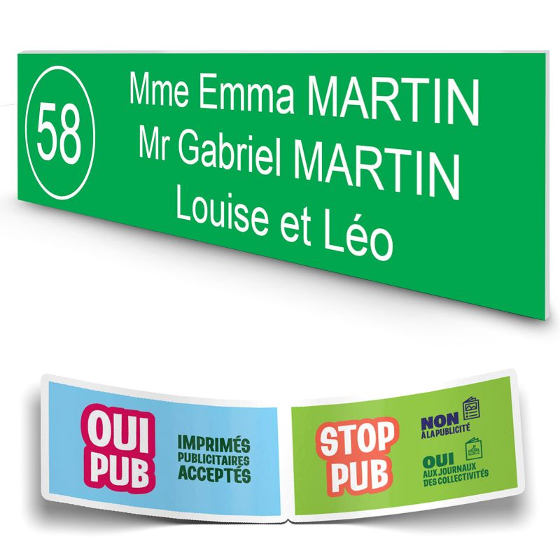 Plaque boite aux lettres NUMERO adhésive (100x25mm) vert pomme lettres blanches - 3 lignes + Stickers STOP PUB offerts Plaque boite aux lettres NUMERO adhésive (100x25mm) vert pomme lettres blanches - 3 lignes + Stickers STOP PUB offerts