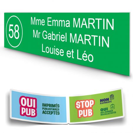 Plaque boite aux lettres NUMERO adhésive (100x25mm) vert pomme lettres blanches - 3 lignes + Stickers STOP PUB offerts