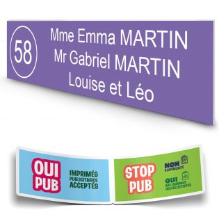 Plaque boite aux lettres NUMERO adhésive (100x25mm) violette lettres blanches - 3 lignes
