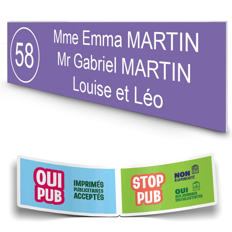 Plaque boite aux lettres NUMERO adhésive (100x25mm) violette lettres blanches - 3 lignes Plaque boite aux lettres NUMERO adhésive (100x25mm) violette lettres blanches - 3 lignes