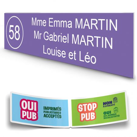 Plaque boite aux lettres NUMERO adhésive (100x25mm) violette lettres blanches - 3 lignes
