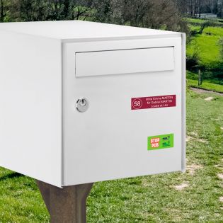 Plaque boite aux lettres NUMERO adhésive (100x25mm) bordeaux lettres blanches - 2 lignes + Stickers STOP PUB offerts