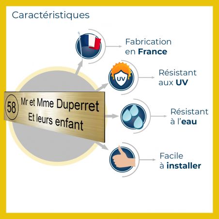 Étiquette Nom + Numéro personnalisable pour boîte aux lettres · 100x25x0,8 mm · Bleu lettres blanches - 3 lignes