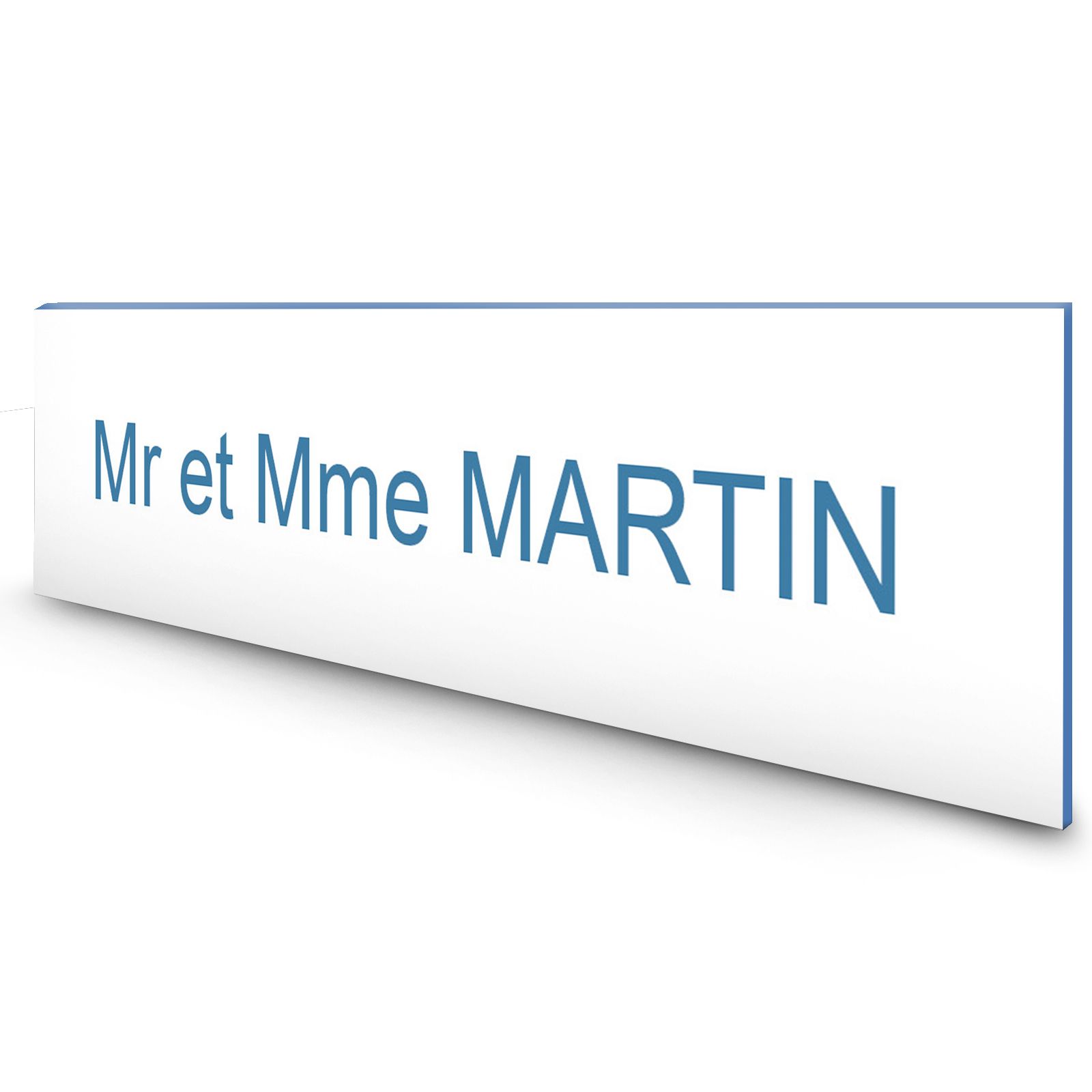 Étiquette Nom personnalisable pour boîte aux lettres · Gravure Française · 100x25x0,8 mm · Blanc écriture bleue - 1 ligne