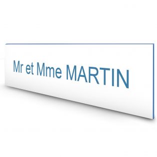 Étiquette Nom personnalisable pour boîte aux lettres · Gravure Française · 100x25x0,8 mm · Blanc écriture bleue - 1 ligne