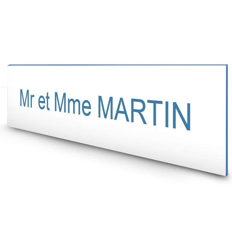 Étiquette Nom personnalisable pour boîte aux lettres · Gravure Française · 100x25x0,8 mm · Blanc écriture bleue - 1 ligne Étiquette Nom personnalisable pour boîte aux lettres · Gravure Française · 100x25x0,8 mm · Blanc écriture bleue - 1 ligne