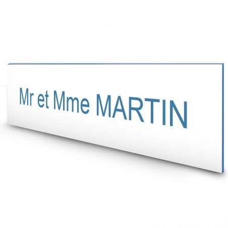 Étiquette Nom personnalisable pour boîte aux lettres · Gravure Française · 100x25x0,8 mm · Blanc écriture bleue - 1 ligne