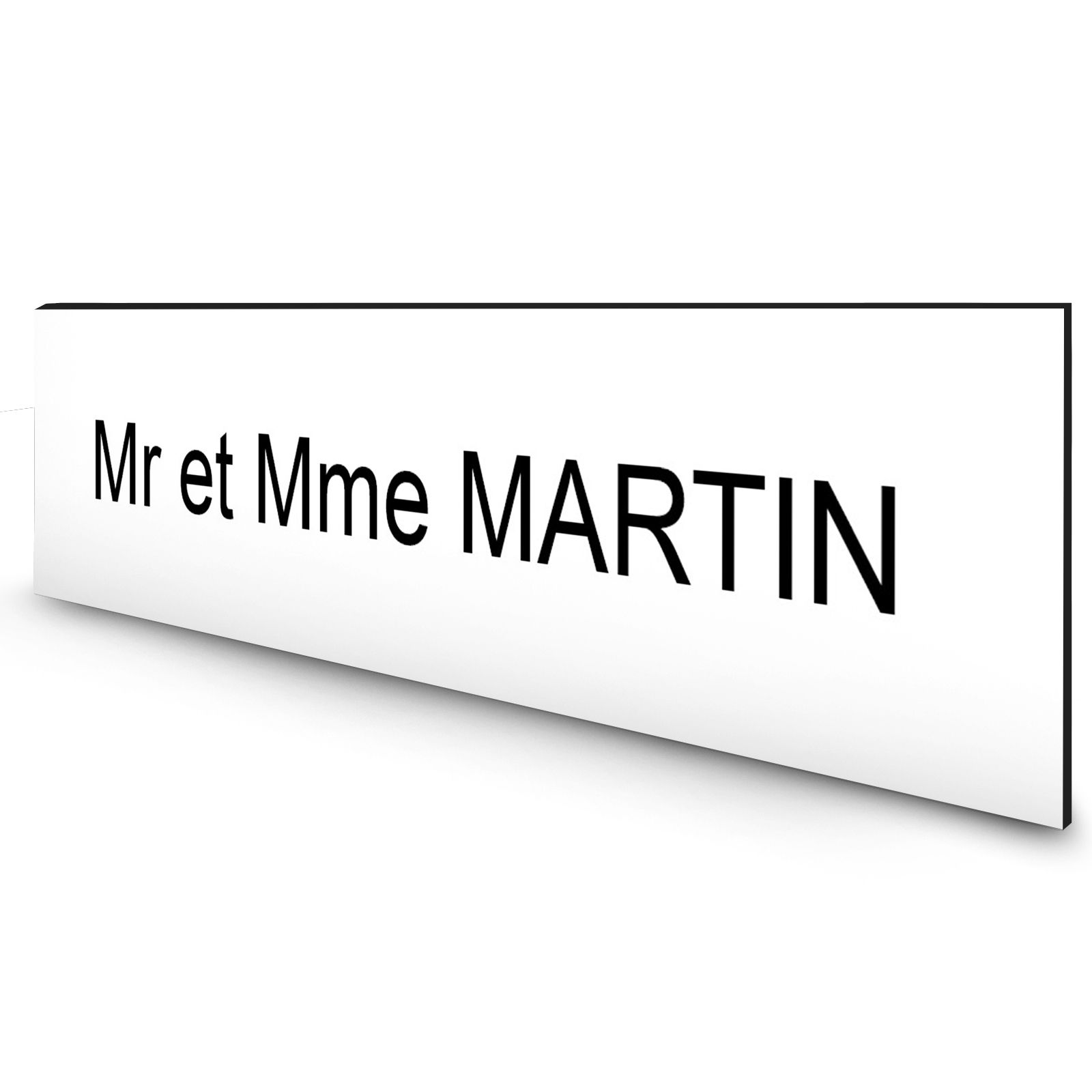 Étiquette Nom personnalisable pour boîte aux lettres · Gravure Française · 100x25x0,8 mm · blanche lettres noires · 1 ligne