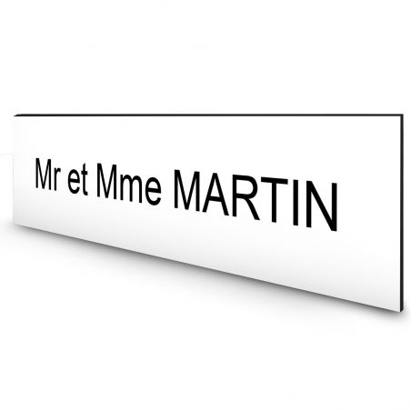 Étiquette Nom personnalisable pour boîte aux lettres · Gravure Française · 100x25x0,8 mm · blanche lettres noires · 1 ligne