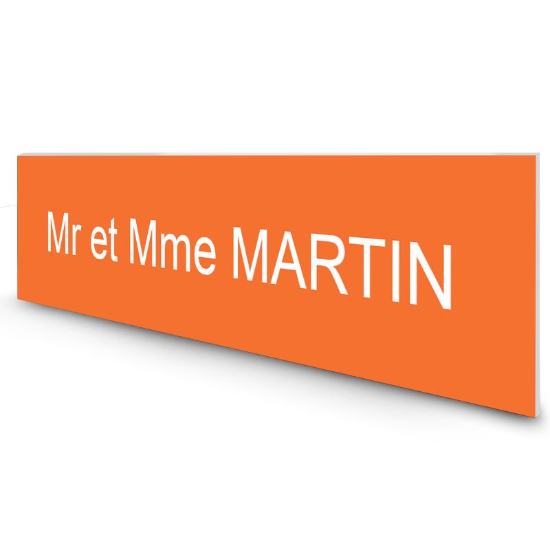 Étiquette Nom personnalisable pour boîte aux lettres · Gravure Française · 100x25x0,8 mm · orange lettres blanches - 1 ligne Étiquette Nom personnalisable pour boîte aux lettres · Gravure Française · 100x25x0,8 mm · orange lettres blanches - 1 ligne