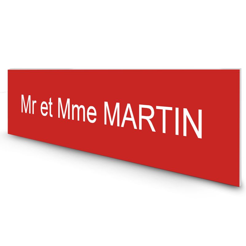 Étiquette Nom personnalisable pour boîte aux lettres · Gravure Française · 100x25x0,8 mm · rouge lettres blanches - 1 ligne Étiquette Nom personnalisable pour boîte aux lettres · Gravure Française · 100x25x0,8 mm · rouge lettres blanches - 1 ligne