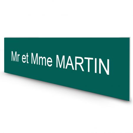 Étiquette Nom personnalisable pour boîte aux lettres · Gravure Française · 100x25x0,8 mm · vert foncé lettres blanches - 1 ligne