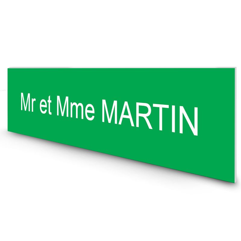 Étiquette Nom personnalisable pour boîte aux lettres · Gravure Française · 100x25x0,8 mm · vert pomme lettres blanches - 1 ligne Étiquette Nom personnalisable pour boîte aux lettres · Gravure Française · 100x25x0,8 mm · vert pomme lettres blanches - 1 ligne