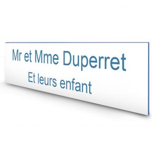 Étiquette Nom personnalisable pour boîte aux lettres · Gravure Française · 100x25x0,8 mm · Blanc écriture bleue - 2 lignes