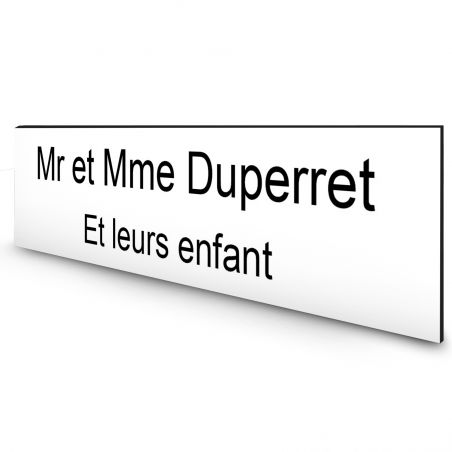 Étiquette Nom personnalisable pour boîte aux lettres · Gravure Française · 100x25x0,8 mm · blanche lettres noires · 2lignes