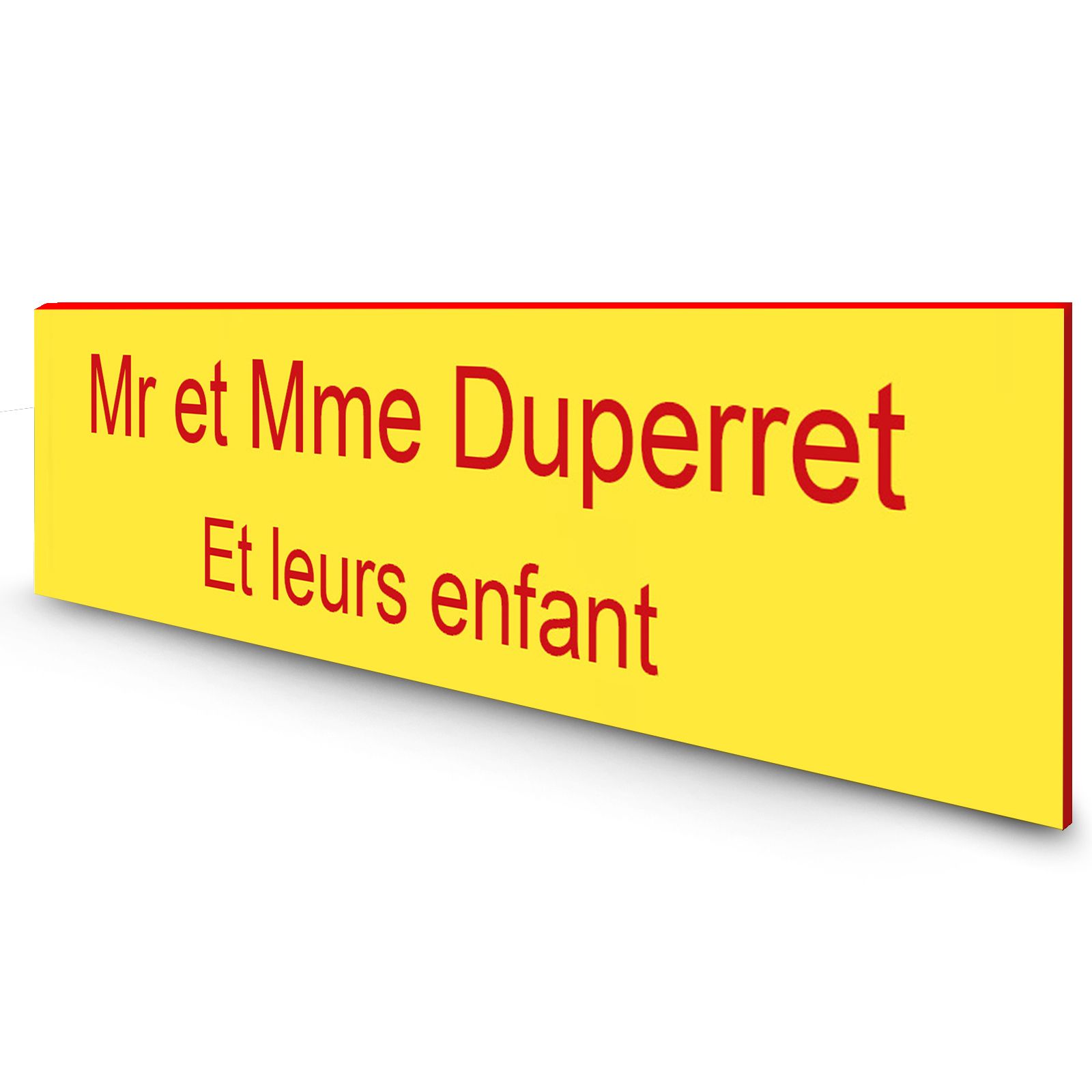 Étiquette Nom personnalisable pour boîte aux lettres · Gravure Française · 100x25x0,8 mm · Jaune lettres rouges - 2 lignes