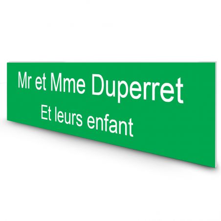 Étiquette Nom personnalisable pour boîte aux lettres · Gravure Française · 100x25x0,8 mm · vert pomme lettres blanches - 2 ligne