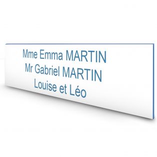 Étiquette Nom personnalisable pour boîte aux lettres · Gravure Française · 100x25x0,8 mm · Blanc écriture bleue - 3 lignes