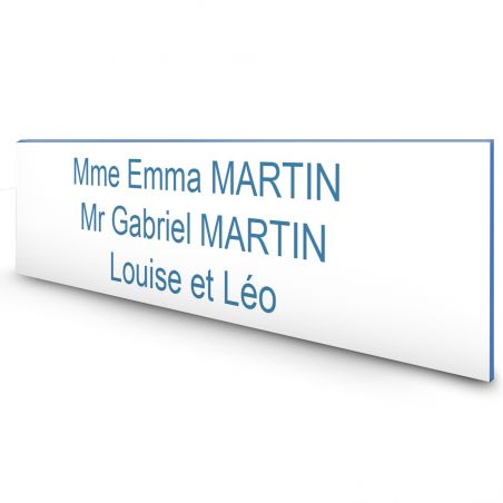 Étiquette Nom personnalisable pour boîte aux lettres · Gravure Française · 100x25x0,8 mm · Blanc écriture bleue - 3 lignes