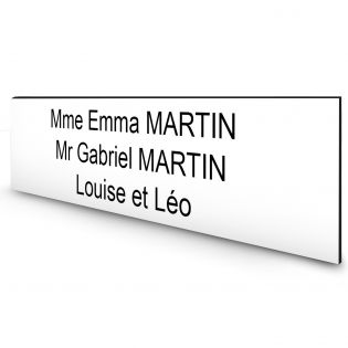 Étiquette Nom personnalisable pour boîte aux lettres · Gravure Française · 100x25x0,8 mm · blanche lettres noires · 3lignes
