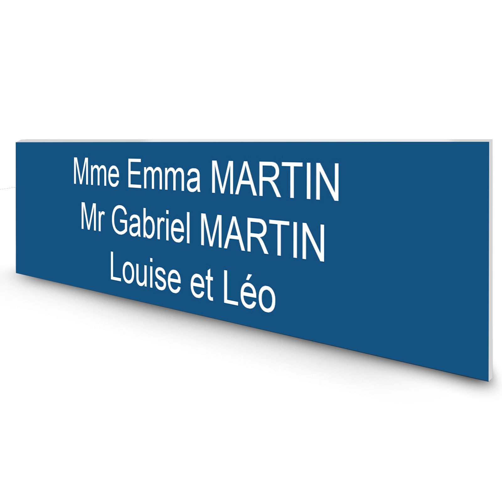Étiquette Nom personnalisable pour boîte aux lettres · Gravure Française · 100x25x0,8 mm · bleue lettres blanches - 3 lignes