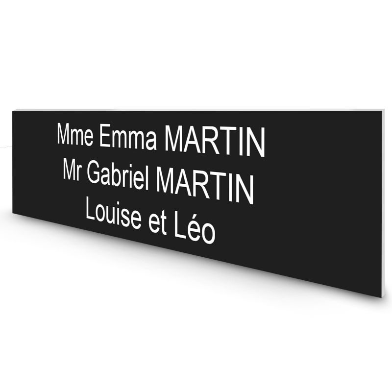 Étiquette Nom personnalisable pour boîte aux lettres · Gravure Française · 100x25x0,8 mm · noire lettres blanches - 3 lignes Étiquette Nom personnalisable pour boîte aux lettres · Gravure Française · 100x25x0,8 mm · noire lettres blanches - 3 lignes