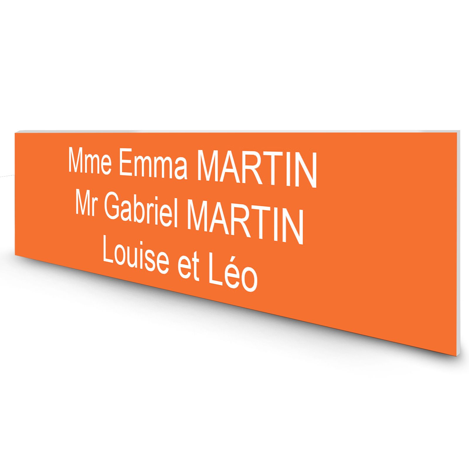 Étiquette Nom personnalisable pour boîte aux lettres · Gravure Française · 100x25x0,8 mm · orange lettres blanches - 3 lignes