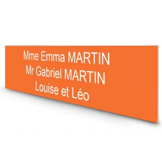 Étiquette Nom personnalisable pour boîte aux lettres · Gravure Française · 100x25x0,8 mm · orange lettres blanches - 3 lignes