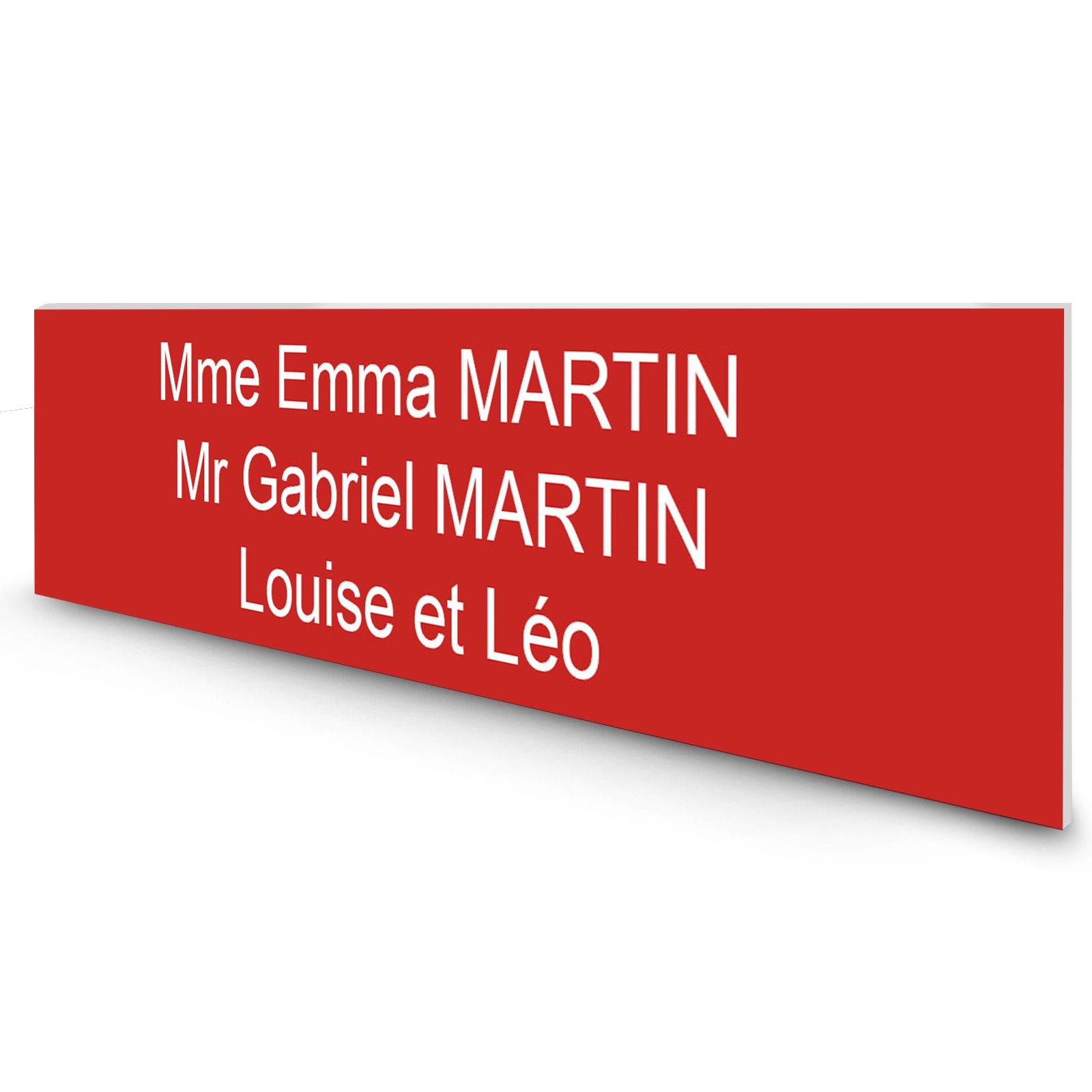 Étiquette Nom personnalisable pour boîte aux lettres · Gravure Française · 100x25x0,8 mm · rouge lettres blanches - 3 lignes